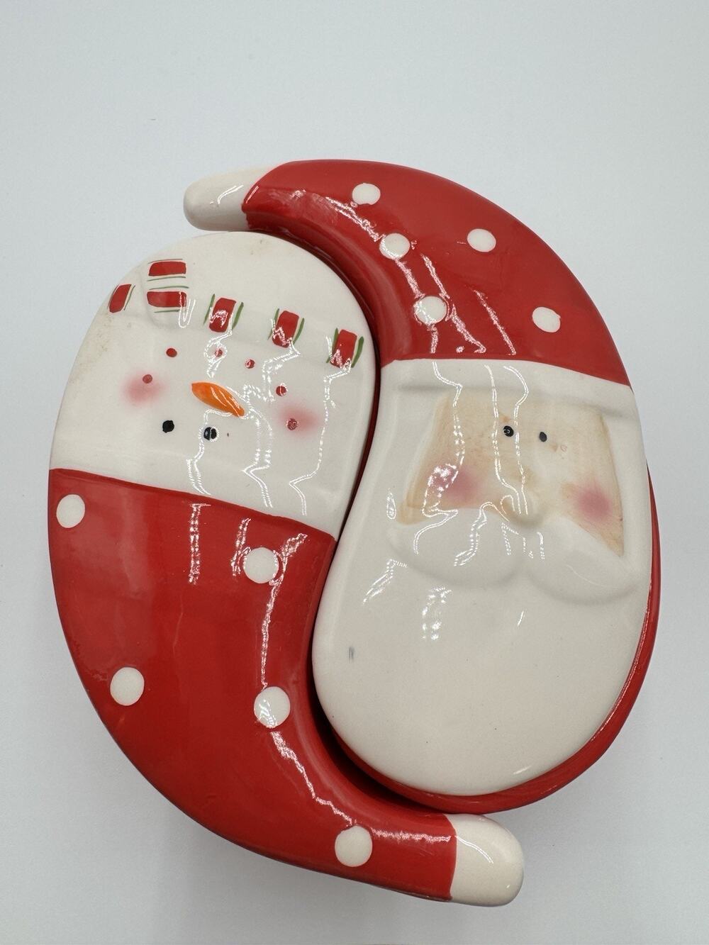 Candy Dish Christmas Santa Snowman Ceramic Bowl Set Ying Yang Style Two Dishes